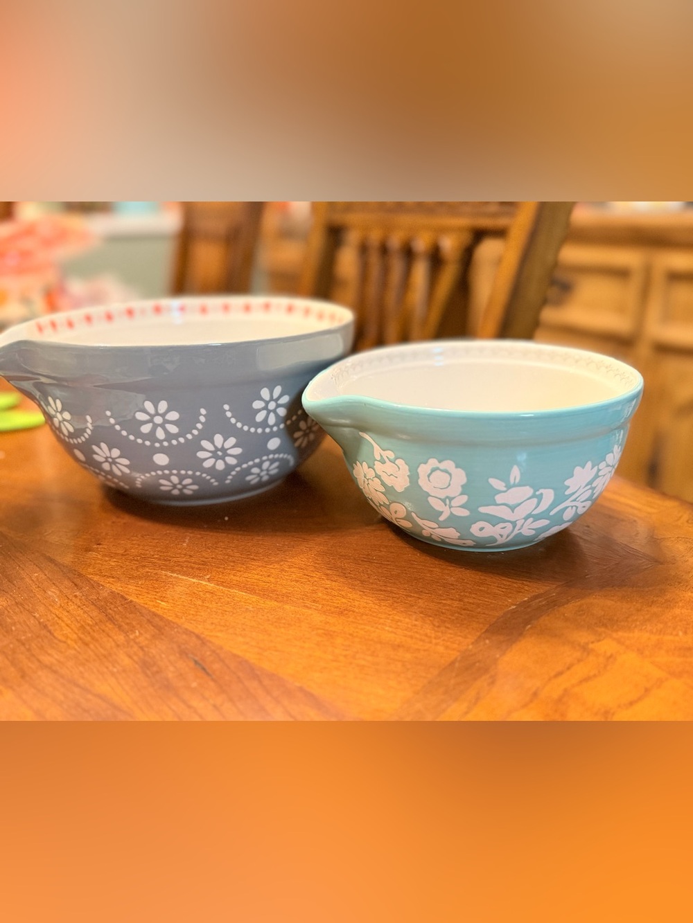 Pioneer woman Ceramic Mixing Bowls Set in Gray and Teal with Floral Pattern.